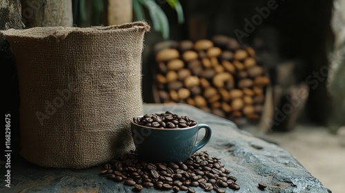 Gourmet coffee beans in a rustic setting with a coffee cup for a premium coffee brand ad