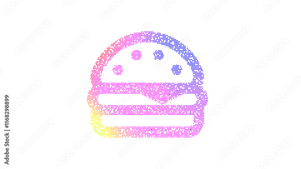 Icon cheeseburger is made up of LED square shapes. There are bright diodes and there are black dead diodes Icon cheeseburger is made up of LED square shapes. There are bright diodes and there are black dead diodes