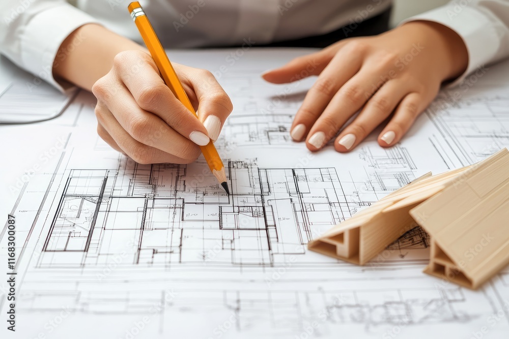 Architect designing blueprint at desk with pencil in professional workspace environment Architect designing blueprint at desk with pencil in professional workspace environment