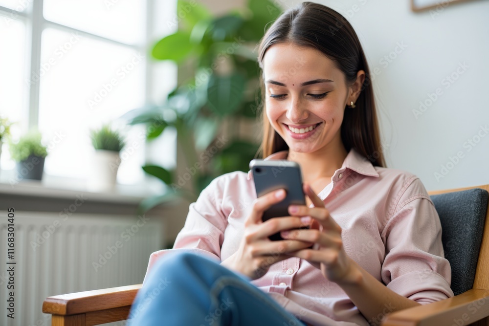 Young Woman Smiling While Using Smartphone in Cozy Living Room, Perfect for Advertising Technology, Lifestyle, and Happiness Concepts Young Woman Smiling While Using Smartphone in Cozy Living Room, Perfect for Advertising Technology, Lifestyle, and Happiness Concepts