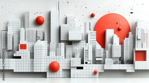 Abstract cityscape featuring geometric buildings and vivid red circles on a white grid background, showcasing modern architectural design and urban aesthetics