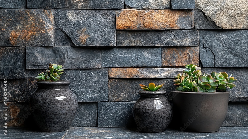 Fototapeta premium Potted Succulents Against a Stone Wall