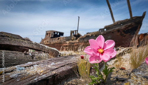 Pinke Blume blüht am Strand, im Hintergrund sieht man ein verlasses Schiffswrack photo