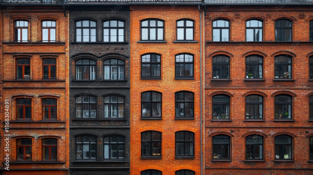 Fototapeta premium Old Brick Building Facade with Black Windows