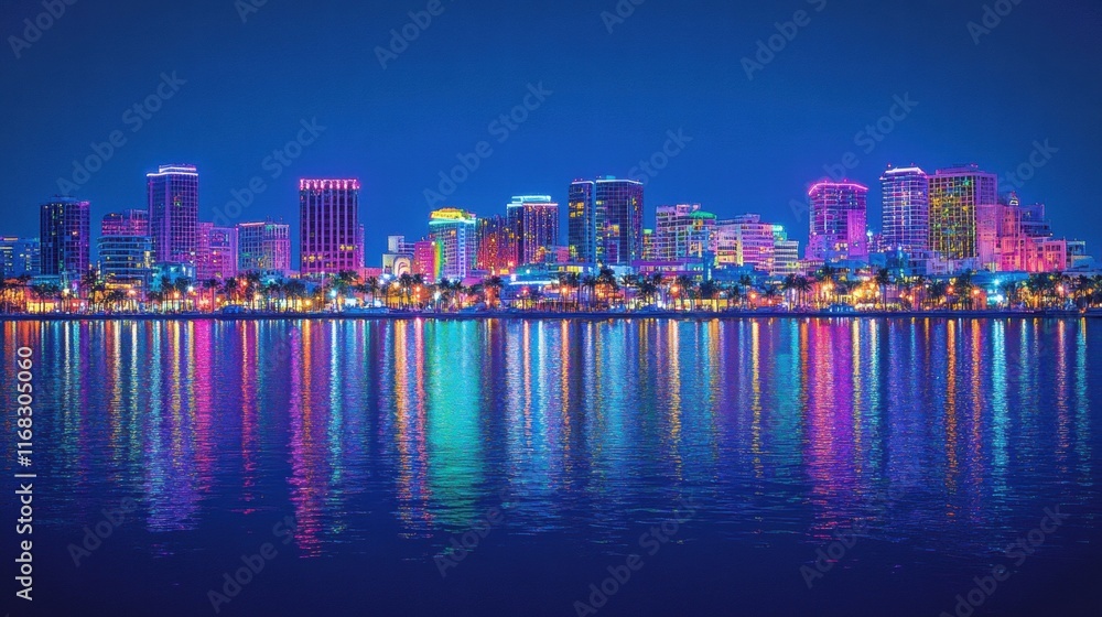 Fototapeta premium Vibrant Night Skyline Reflection