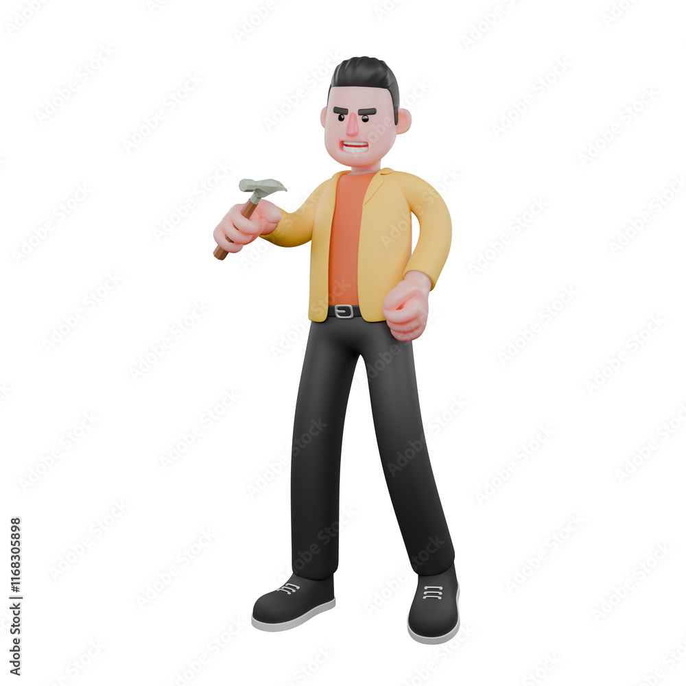 Designer Workflow Essentials Set 3D Model. A male designer set stands holding a hammer in his right hand, and his left hand is clenched, an expression of telling. Cartoon Illustration Designer Workflow Essentials Set 3D Model. A male designer set stands holding a hammer in his right hand, and his left hand is clenched, an expression of telling. Cartoon Illustration