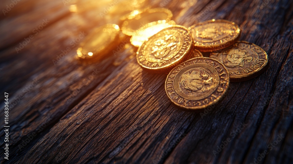 Golden Coins on Rustic Wooden Background Golden Coins on Rustic Wooden Background