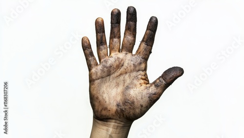 Dirty hand palm up against white background. photo