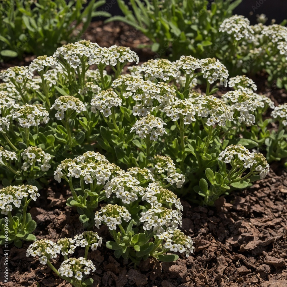 Photograph sweet alyssum spreading across garden beds. Photograph sweet alyssum spreading across garden beds.