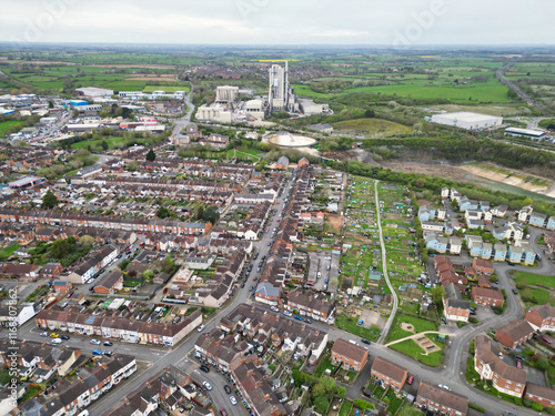 Downtown and Central Rugby City of Warwickshire, England Great Britain. Aerial View Was Captured with Drone's Camera During Mostly Cloudy and Rainy Day on April 8th, 2024 from Medium High Altitude.
