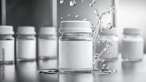 A clear glass jar splashes water, set against blurred jars in the background, evoking themes of purity and freshness. photo