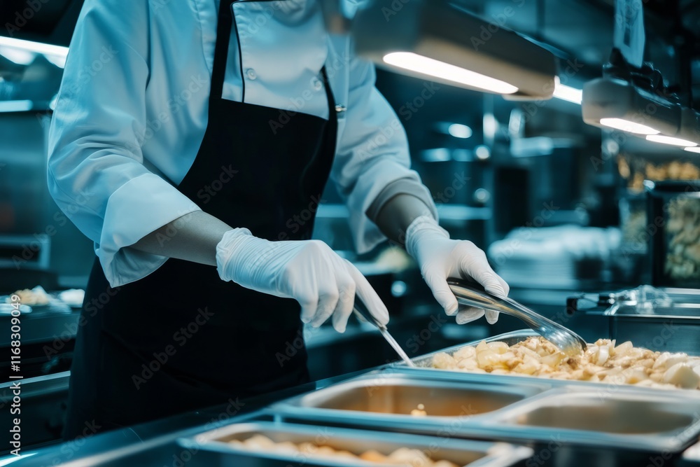 Close up of a buffet worker wearing protective gloves distributing and pouring food Close up of a buffet worker wearing protective gloves distributing and pouring food