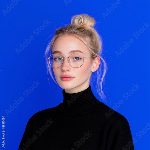 Professional Portrait of Blonde Instagram Model in Black Sweater with Blue Background