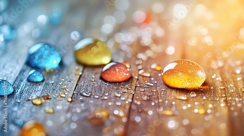 Droplets of water on wooden surface natural setting close-up photography warm lighting artistic perspective