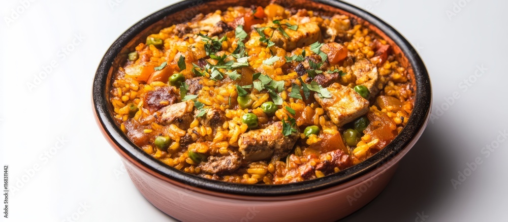 Close-up of a delicious paella featuring shrimps, chicken, chorizo, and rice, garnished with fresh parsley Close-up of a delicious paella featuring shrimps, chicken, chorizo, and rice, garnished with fresh parsley