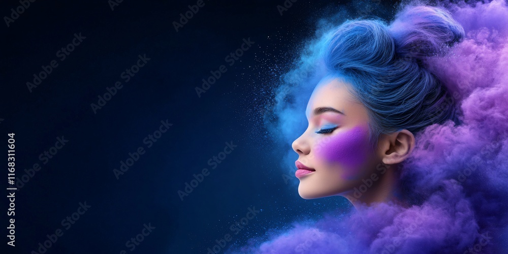 A profile view of a woman with vibrant, colorful hair and makeup, surrounded by ethereal swirls of purple and blue powders, creating a mesmerizing artistic effect. A profile view of a woman with vibrant, colorful hair and makeup, surrounded by ethereal swirls of purple and blue powders, creating a mesmerizing artistic effect.