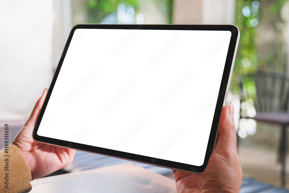 Mockup image of a woman holding digital tablet with blank desktop screen in cafe Mockup image of a woman holding digital tablet with blank desktop screen in cafe