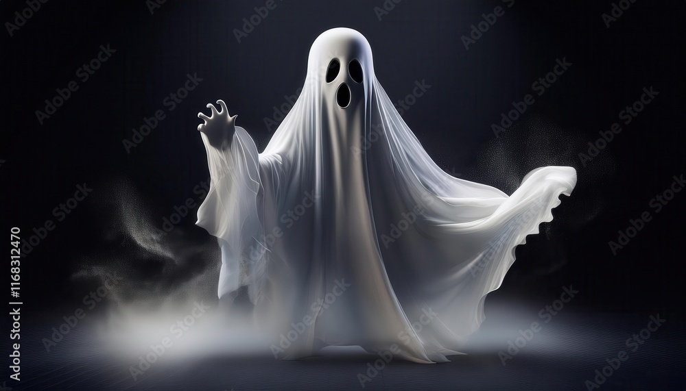 A spooky ghost draped in white, emanating an eerie presence in a dimly lit atmosphere, with ethereal mist swirling around. A spooky ghost draped in white, emanating an eerie presence in a dimly lit atmosphere, with ethereal mist swirling around.