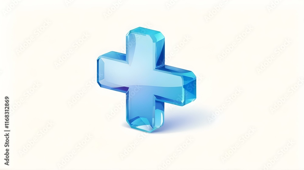 Obraz premium Transparent 3D Plus Sign Cross Crystal Symbol for UX and Graphic Design on White Background