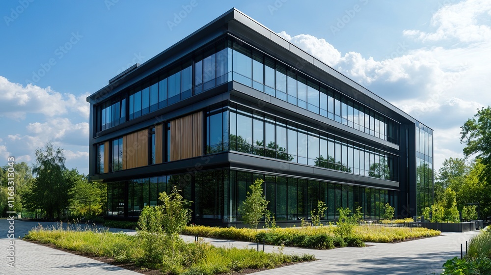 Sleek modern building with a minimalist facade, surrounded by lush landscaping Sleek modern building with a minimalist facade, surrounded by lush landscaping