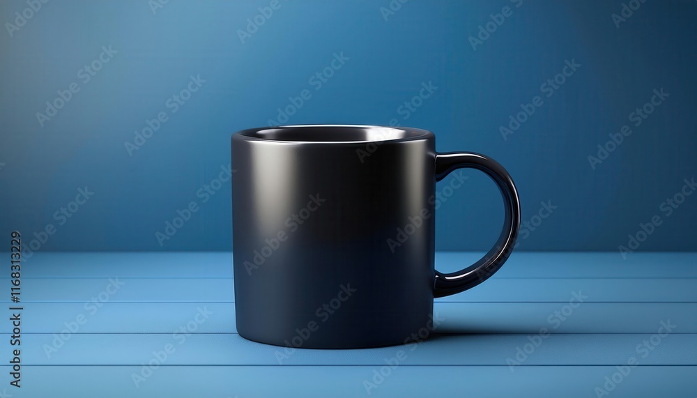 A sleek black mug sits on a blue surface, showcasing a minimalist design against a clean background. A sleek black mug sits on a blue surface, showcasing a minimalist design against a clean background.