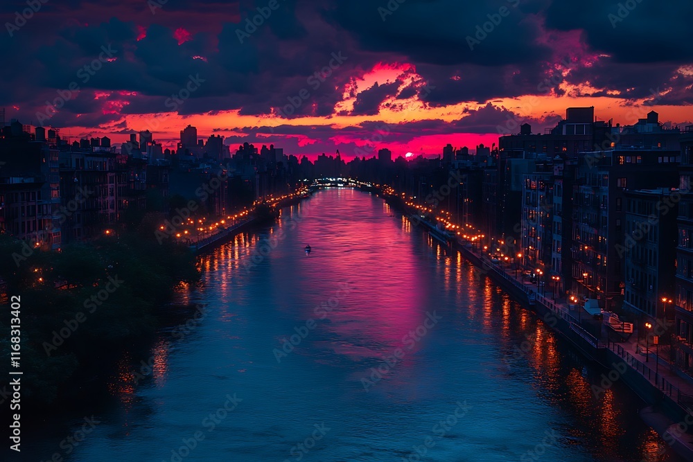 Fototapeta premium Aerial view of a colorful cityscape with river reflections at sunset 