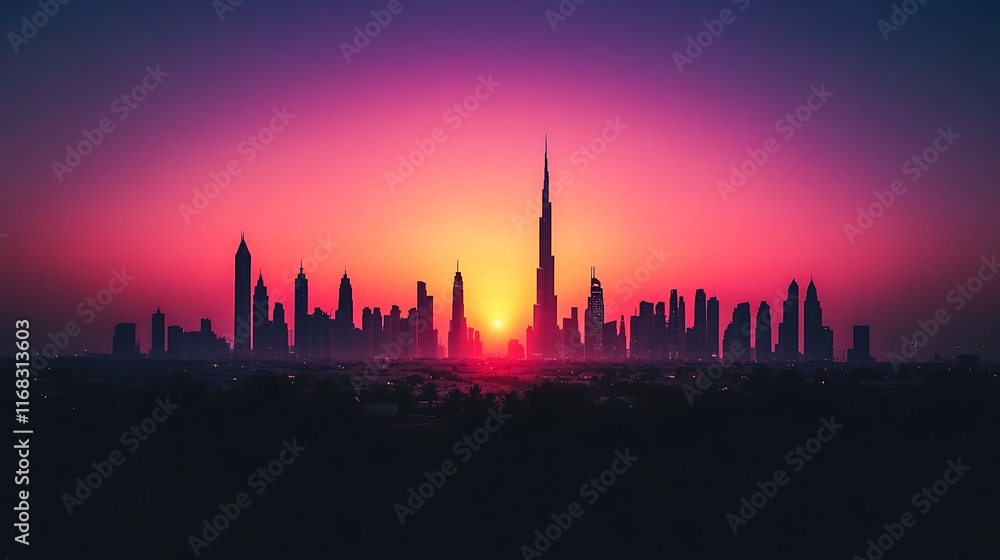 cityscape in silhouette with sunset or sunrise, skyscrapers illuminated by soft light Vector illustration with glare effects cityscape in silhouette with sunset or sunrise, skyscrapers illuminated by soft light Vector illustration with glare effects