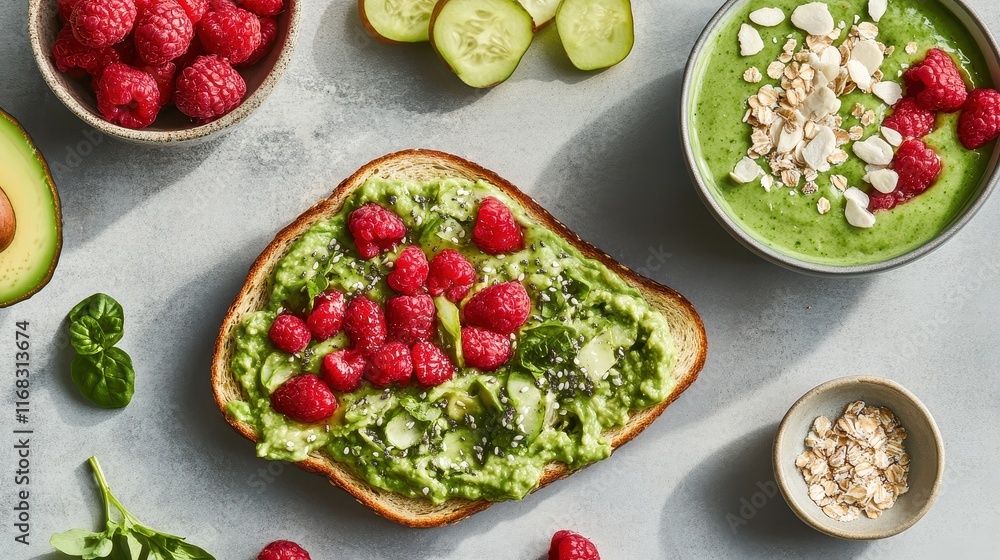 Healthy breakfast spread with avocado toast, fruit, and a smoothie bowl for food and lifestyle brand Healthy breakfast spread with avocado toast, fruit, and a smoothie bowl for food and lifestyle brand