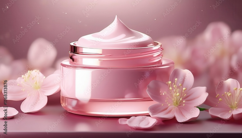 A delicate pink cream jar surrounded by soft pink flowers, evoking a sense of luxury and beauty. A delicate pink cream jar surrounded by soft pink flowers, evoking a sense of luxury and beauty.