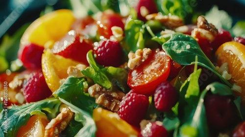 Close-up of a delicious, colorful salad with fresh ingredients for a health food ad photo