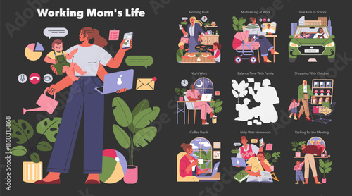 Working Mom Life. Flat Vector Illustration