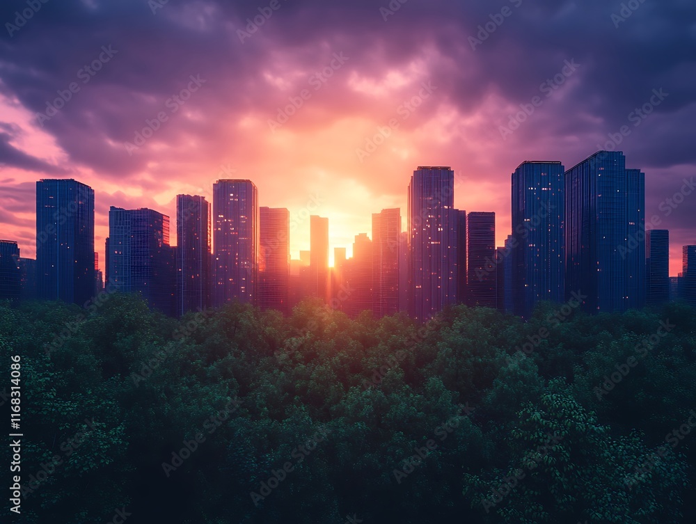 Obraz premium panoramic view of a metropolis with sunset reflections on glass buildings Urban development theme 