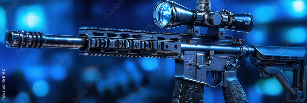 Fototapeta premium Scoped Rifle with Tactical Design in Blue Light
