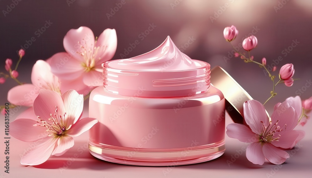 A delicate pink cream jar surrounded by soft pink flowers, evoking a sense of beauty and skincare luxury. A delicate pink cream jar surrounded by soft pink flowers, evoking a sense of beauty and skincare luxury.