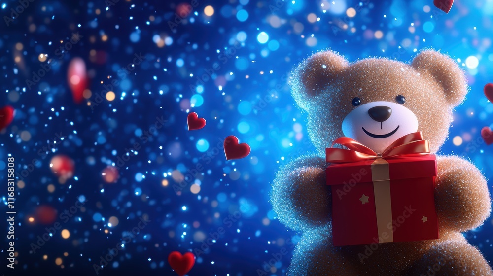 Festive Teddy Bear Holding a Gift with Sparkling Background. Festive Teddy Bear Holding a Gift with Sparkling Background.