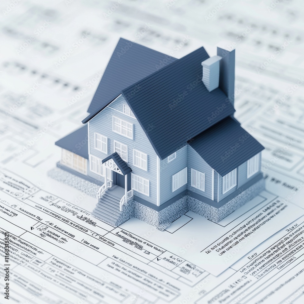 mortgage property terms Concept. Model house on paperwork, symbolizing real estate or mortgage processes. mortgage property terms Concept. Model house on paperwork, symbolizing real estate or mortgage processes.