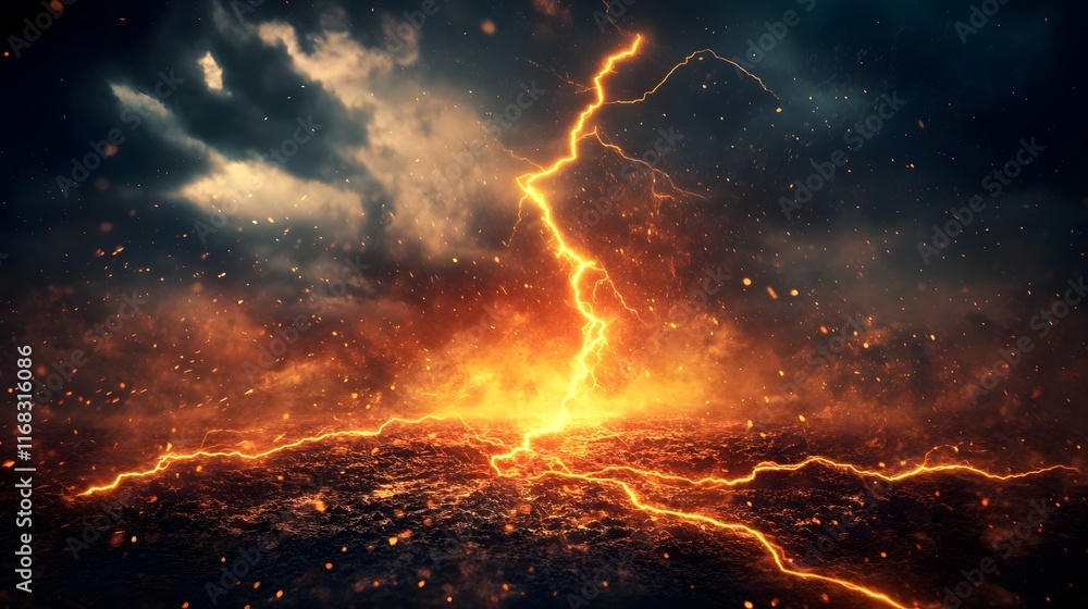 Fototapeta premium Fiery Inferno Lightning Strikes Volcanic Ground