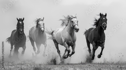 Four Horses Running in a Dusty Field photo