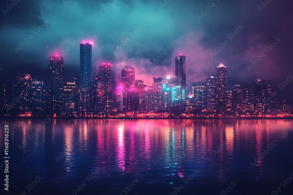 Fototapeta premium neon glow skyline in a modern futuristic style, skyscrapers in vibrant hues 