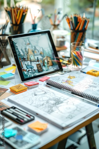 A creative workspace featuring art supplies, sketches, and a tablet, perfect for inspiring artistic pursuits. photo