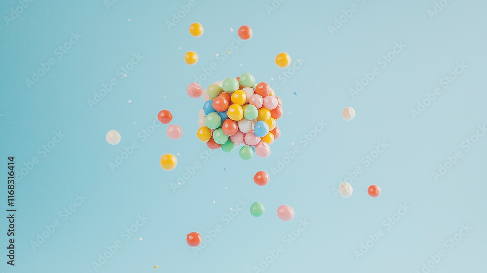 Fototapeta premium Colorful Balloons Floating in Air: A cluster of colorful balloons floats against a light blue background, creating a whimsical and joyful visual that evokes a sense of carefree celebration. 