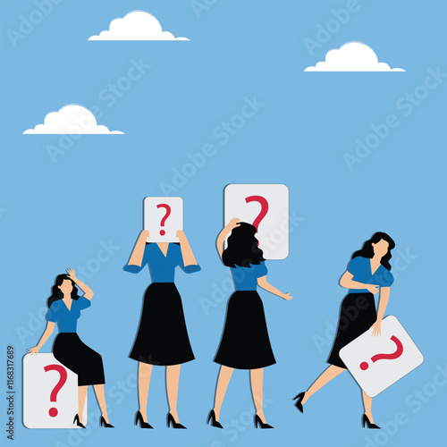 Full of questions or doubts, troubles and problems, complications, a group of businesswomen each holding a question mark