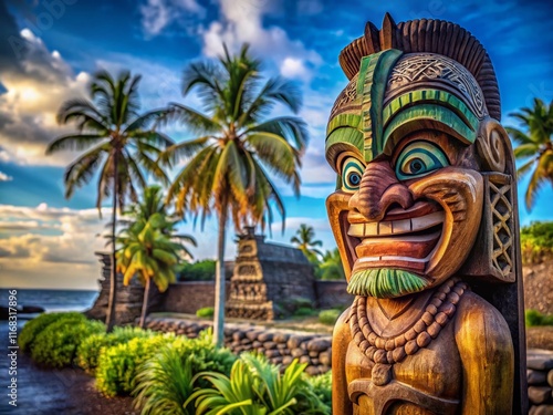 Ancient Hawaiian Tiki Statues at Pu'uhonua o Honaunau National Historical Park, Big Island, Hawaii photo