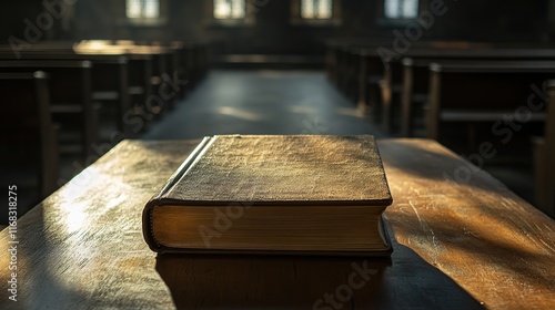 Old book on wooden table in church, sunlit.