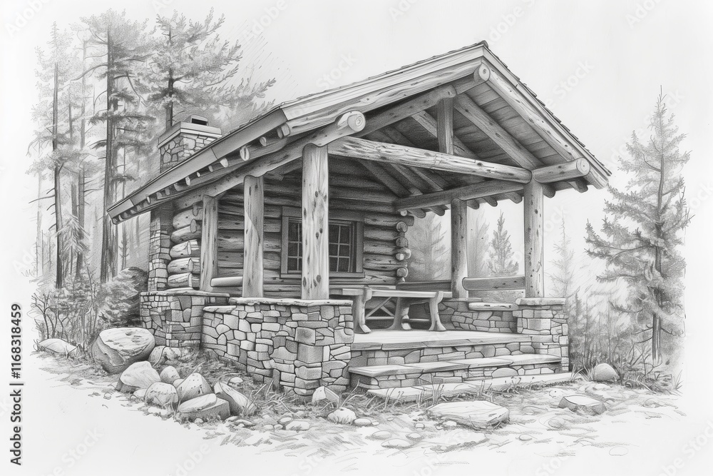 Fototapeta premium A detailed sketch of a rustic log cabin nestled among tall trees, illustrating serene wilderness living.