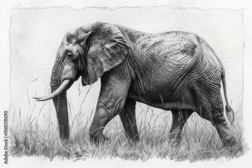 A detailed sketch of an elephant walking gracefully through tall grass in a serene natural environment. photo