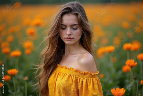 A young woman meditates amidst a field of orange flowers