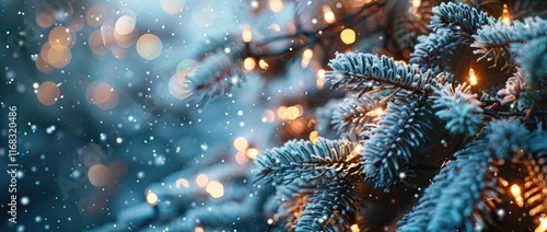 snow falling in winter season orament, Snowy winter scene with frosted spruce branches, bokeh christmas lights, and space for text. photo