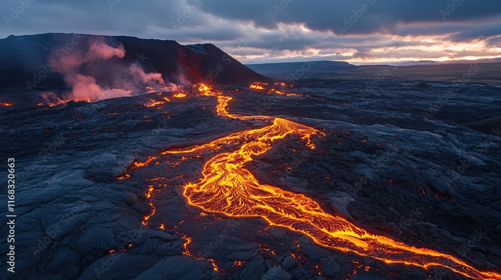 Fototapeta premium Molten Lava Flowing Down Volcanic Mountainside At Sunset