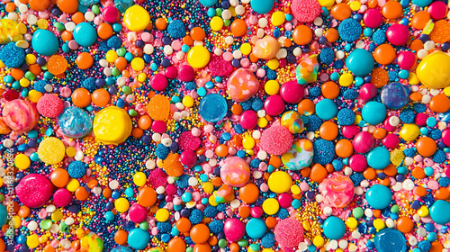 A playful and whimsical arrangement of colorful candies and sweets, forming a vibrant and eye-catching pattern across the frame, evoking fun, joy, and a sense of childhood nostalgia.
